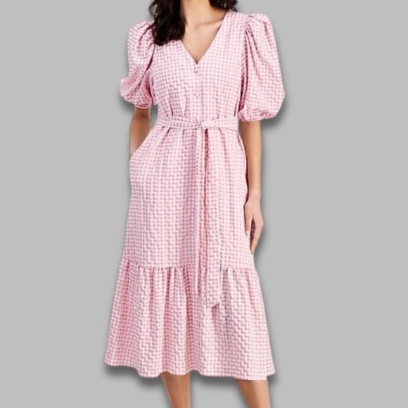 Taylor Gingham Midi Dress V-Neck Puffy Short Sleeves Pink/White Women’s 10 NWT - Picture 1 of 7